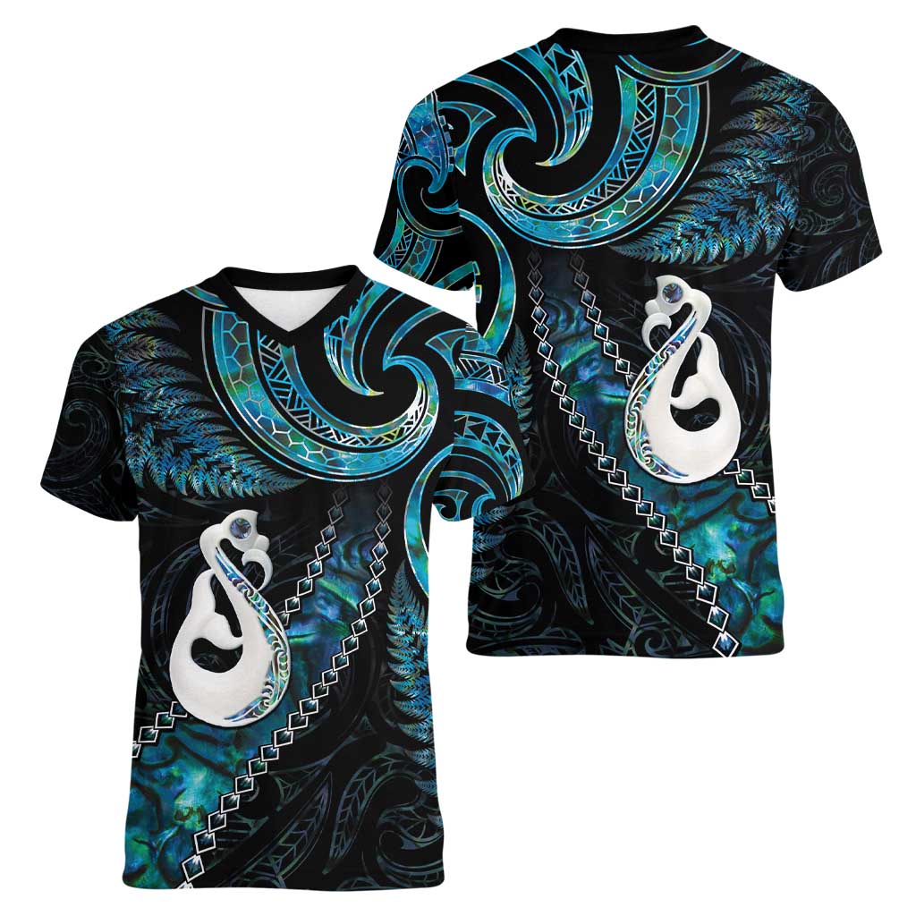 New Zealand Aotearoa Women V-Neck T-Shirt Maori Manaia Paua Shell Glitter Turquoise LT05 - Polynesian Pride