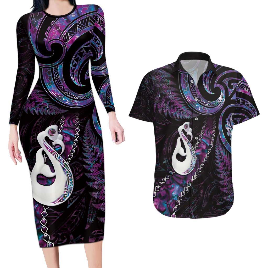 New Zealand Aotearoa Couples Matching Long Sleeve Bodycon Dress and Hawaiian Shirt Maori Manaia Paua Shell Glitter Purple LT05 Purple - Polynesian Pride