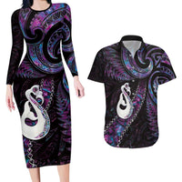 New Zealand Aotearoa Couples Matching Long Sleeve Bodycon Dress and Hawaiian Shirt Maori Manaia Paua Shell Glitter Purple LT05 Purple - Polynesian Pride