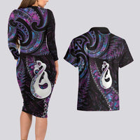 New Zealand Aotearoa Couples Matching Long Sleeve Bodycon Dress and Hawaiian Shirt Maori Manaia Paua Shell Glitter Purple LT05 - Polynesian Pride