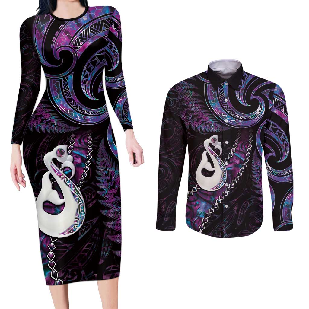New Zealand Aotearoa Couples Matching Long Sleeve Bodycon Dress and Long Sleeve Button Shirt Maori Manaia Paua Shell Glitter Purple LT05 Purple - Polynesian Pride