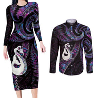 New Zealand Aotearoa Couples Matching Long Sleeve Bodycon Dress and Long Sleeve Button Shirt Maori Manaia Paua Shell Glitter Purple LT05 Purple - Polynesian Pride