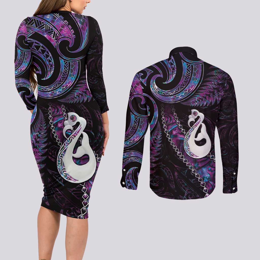 New Zealand Aotearoa Couples Matching Long Sleeve Bodycon Dress and Long Sleeve Button Shirt Maori Manaia Paua Shell Glitter Purple LT05 - Polynesian Pride