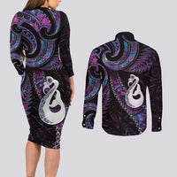 New Zealand Aotearoa Couples Matching Long Sleeve Bodycon Dress and Long Sleeve Button Shirt Maori Manaia Paua Shell Glitter Purple LT05 - Polynesian Pride