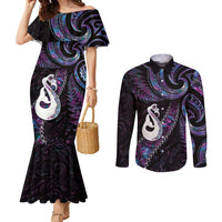 New Zealand Aotearoa Couples Matching Mermaid Dress and Long Sleeve Button Shirt Maori Manaia Paua Shell Glitter Purple LT05 Purple - Polynesian Pride