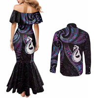 New Zealand Aotearoa Couples Matching Mermaid Dress and Long Sleeve Button Shirt Maori Manaia Paua Shell Glitter Purple LT05 - Polynesian Pride