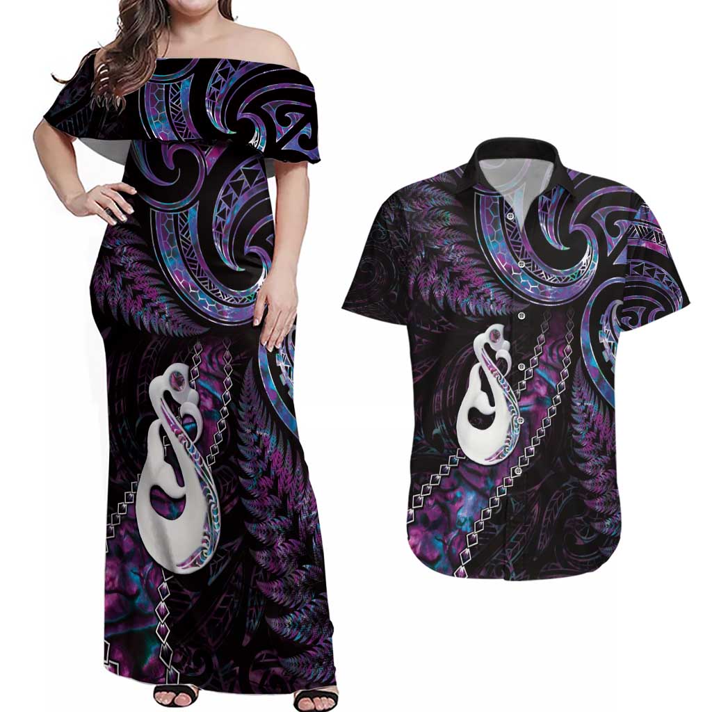 New Zealand Aotearoa Couples Matching Off Shoulder Maxi Dress and Hawaiian Shirt Maori Manaia Paua Shell Glitter Purple LT05 Purple - Polynesian Pride