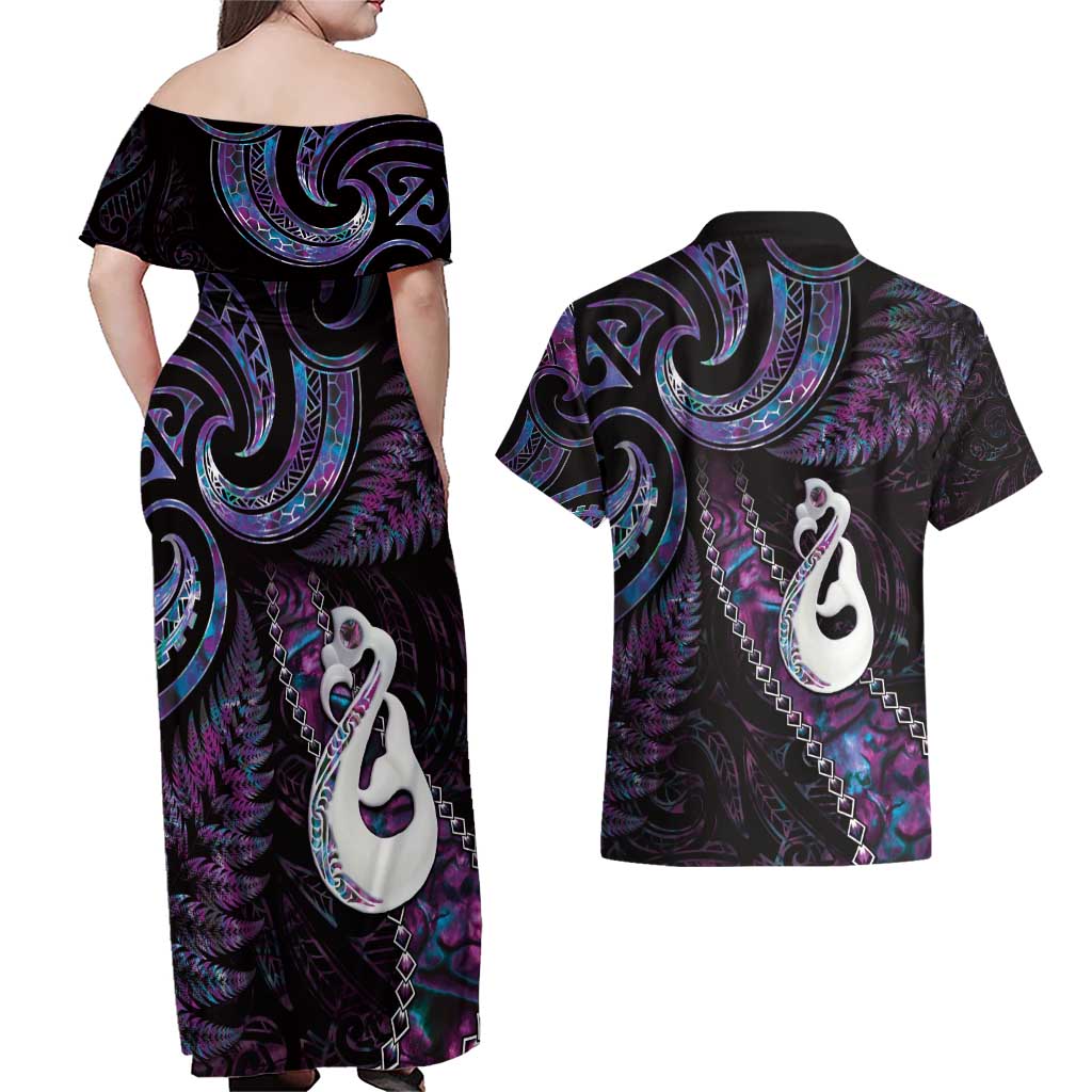 New Zealand Aotearoa Couples Matching Off Shoulder Maxi Dress and Hawaiian Shirt Maori Manaia Paua Shell Glitter Purple LT05 - Polynesian Pride