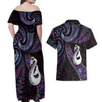 New Zealand Aotearoa Couples Matching Off Shoulder Maxi Dress and Hawaiian Shirt Maori Manaia Paua Shell Glitter Purple LT05 - Polynesian Pride
