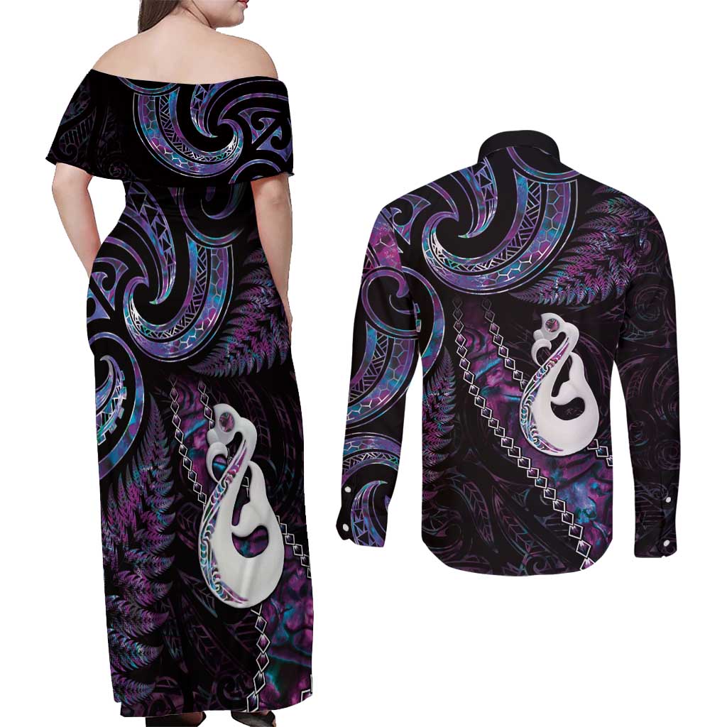 New Zealand Aotearoa Couples Matching Off Shoulder Maxi Dress and Long Sleeve Button Shirt Maori Manaia Paua Shell Glitter Purple LT05 - Polynesian Pride