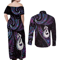 New Zealand Aotearoa Couples Matching Off Shoulder Maxi Dress and Long Sleeve Button Shirt Maori Manaia Paua Shell Glitter Purple LT05 - Polynesian Pride