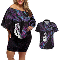 New Zealand Aotearoa Couples Matching Off Shoulder Short Dress and Hawaiian Shirt Maori Manaia Paua Shell Glitter Purple LT05 Purple - Polynesian Pride