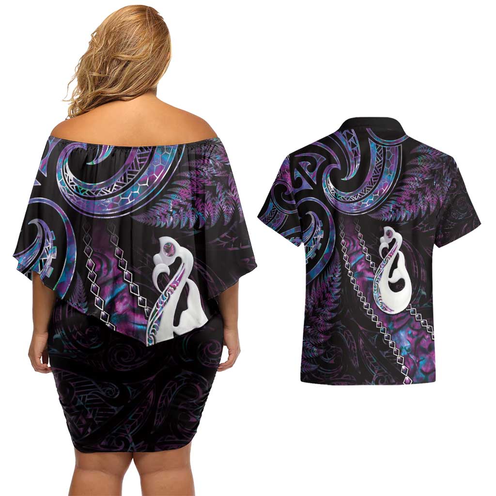 New Zealand Aotearoa Couples Matching Off Shoulder Short Dress and Hawaiian Shirt Maori Manaia Paua Shell Glitter Purple LT05 - Polynesian Pride