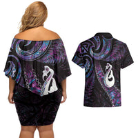 New Zealand Aotearoa Couples Matching Off Shoulder Short Dress and Hawaiian Shirt Maori Manaia Paua Shell Glitter Purple LT05 - Polynesian Pride