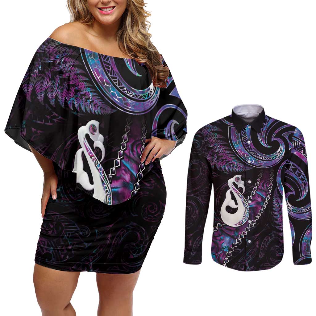 New Zealand Aotearoa Couples Matching Off Shoulder Short Dress and Long Sleeve Button Shirt Maori Manaia Paua Shell Glitter Purple LT05 Purple - Polynesian Pride