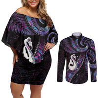 New Zealand Aotearoa Couples Matching Off Shoulder Short Dress and Long Sleeve Button Shirt Maori Manaia Paua Shell Glitter Purple LT05 Purple - Polynesian Pride