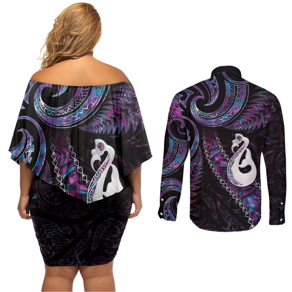 New Zealand Aotearoa Couples Matching Off Shoulder Short Dress and Long Sleeve Button Shirt Maori Manaia Paua Shell Glitter Purple LT05 - Polynesian Pride