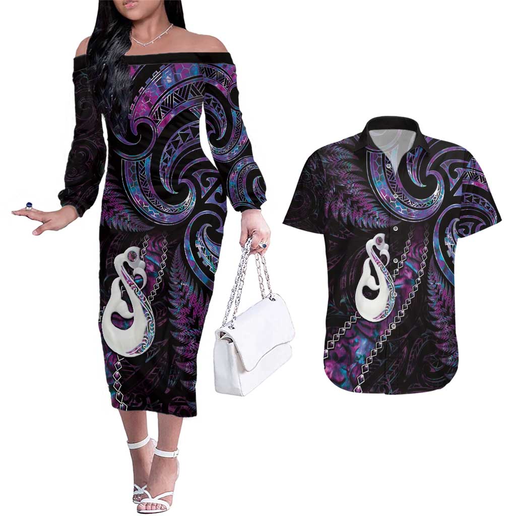 New Zealand Aotearoa Couples Matching Off The Shoulder Long Sleeve Dress and Hawaiian Shirt Maori Manaia Paua Shell Glitter Purple LT05 Purple - Polynesian Pride