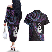 New Zealand Aotearoa Couples Matching Off The Shoulder Long Sleeve Dress and Hawaiian Shirt Maori Manaia Paua Shell Glitter Purple LT05 - Polynesian Pride