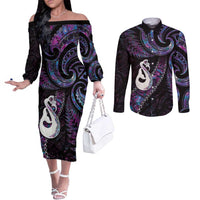 New Zealand Aotearoa Couples Matching Off The Shoulder Long Sleeve Dress and Long Sleeve Button Shirt Maori Manaia Paua Shell Glitter Purple LT05 Purple - Polynesian Pride