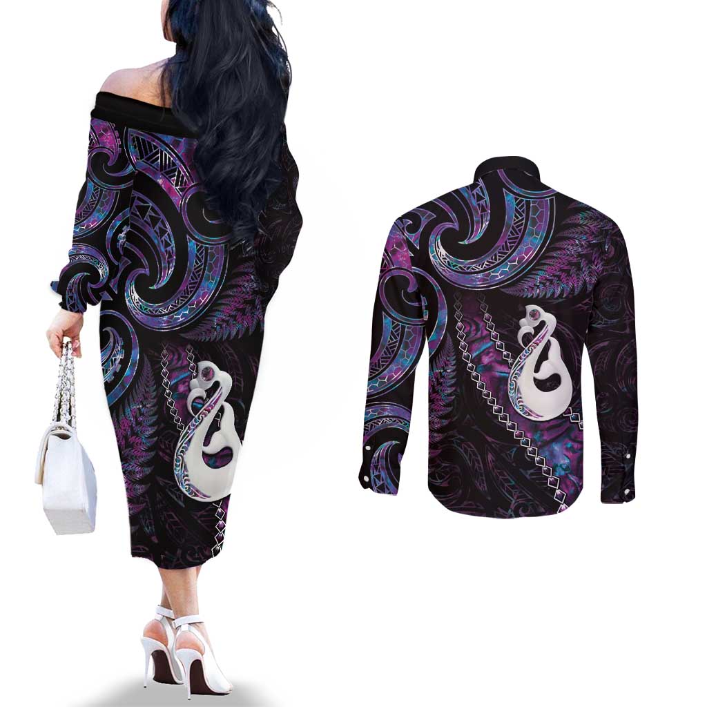 New Zealand Aotearoa Couples Matching Off The Shoulder Long Sleeve Dress and Long Sleeve Button Shirt Maori Manaia Paua Shell Glitter Purple LT05 - Polynesian Pride