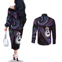 New Zealand Aotearoa Couples Matching Off The Shoulder Long Sleeve Dress and Long Sleeve Button Shirt Maori Manaia Paua Shell Glitter Purple LT05 - Polynesian Pride