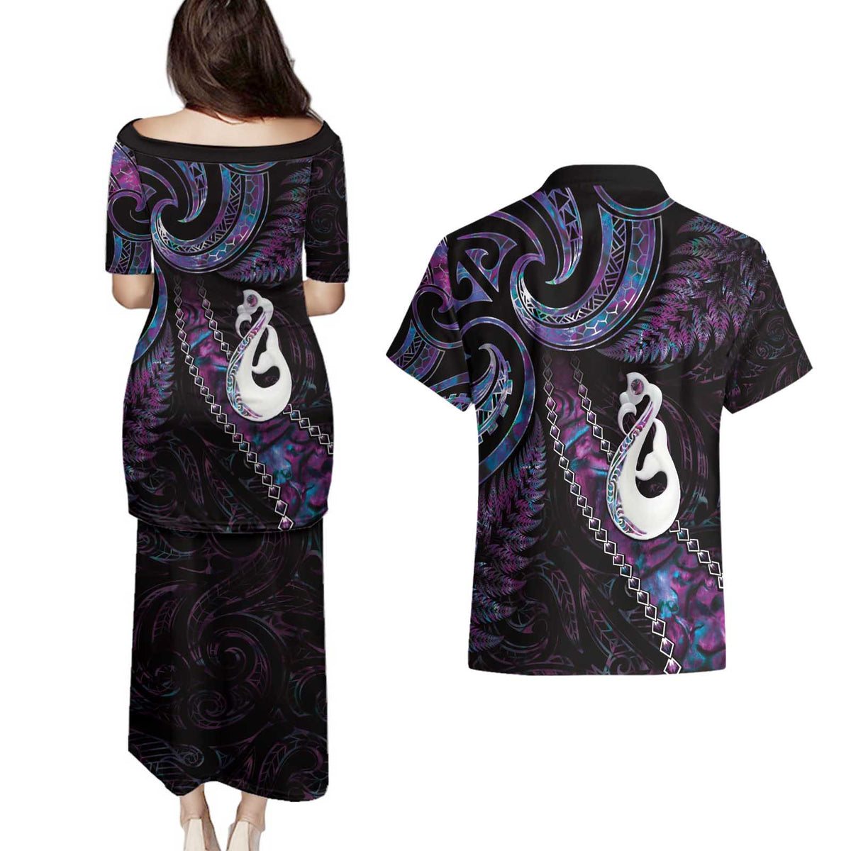 New Zealand Aotearoa Couples Matching Puletasi and Hawaiian Shirt Maori Manaia Paua Shell Glitter Purple LT05 - Polynesian Pride
