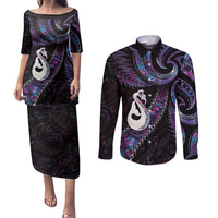 New Zealand Aotearoa Couples Matching Puletasi and Long Sleeve Button Shirt Maori Manaia Paua Shell Glitter Purple LT05 Purple - Polynesian Pride