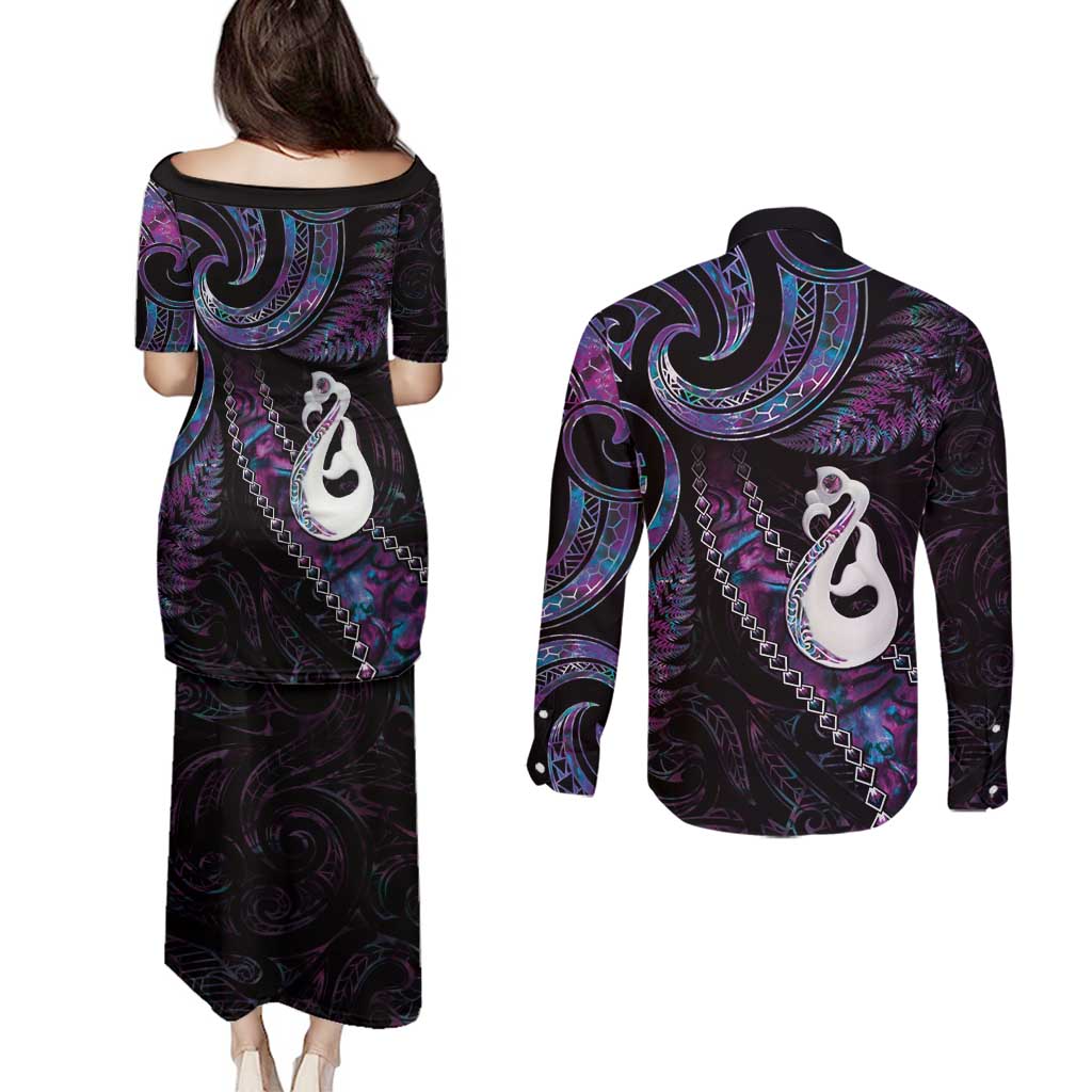 New Zealand Aotearoa Couples Matching Puletasi and Long Sleeve Button Shirt Maori Manaia Paua Shell Glitter Purple LT05 - Polynesian Pride