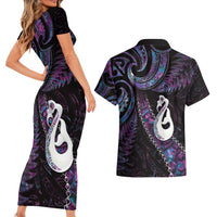 New Zealand Aotearoa Couples Matching Short Sleeve Bodycon Dress and Hawaiian Shirt Maori Manaia Paua Shell Glitter Purple LT05 - Polynesian Pride