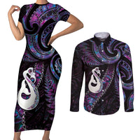 New Zealand Aotearoa Couples Matching Short Sleeve Bodycon Dress and Long Sleeve Button Shirt Maori Manaia Paua Shell Glitter Purple LT05 Purple - Polynesian Pride