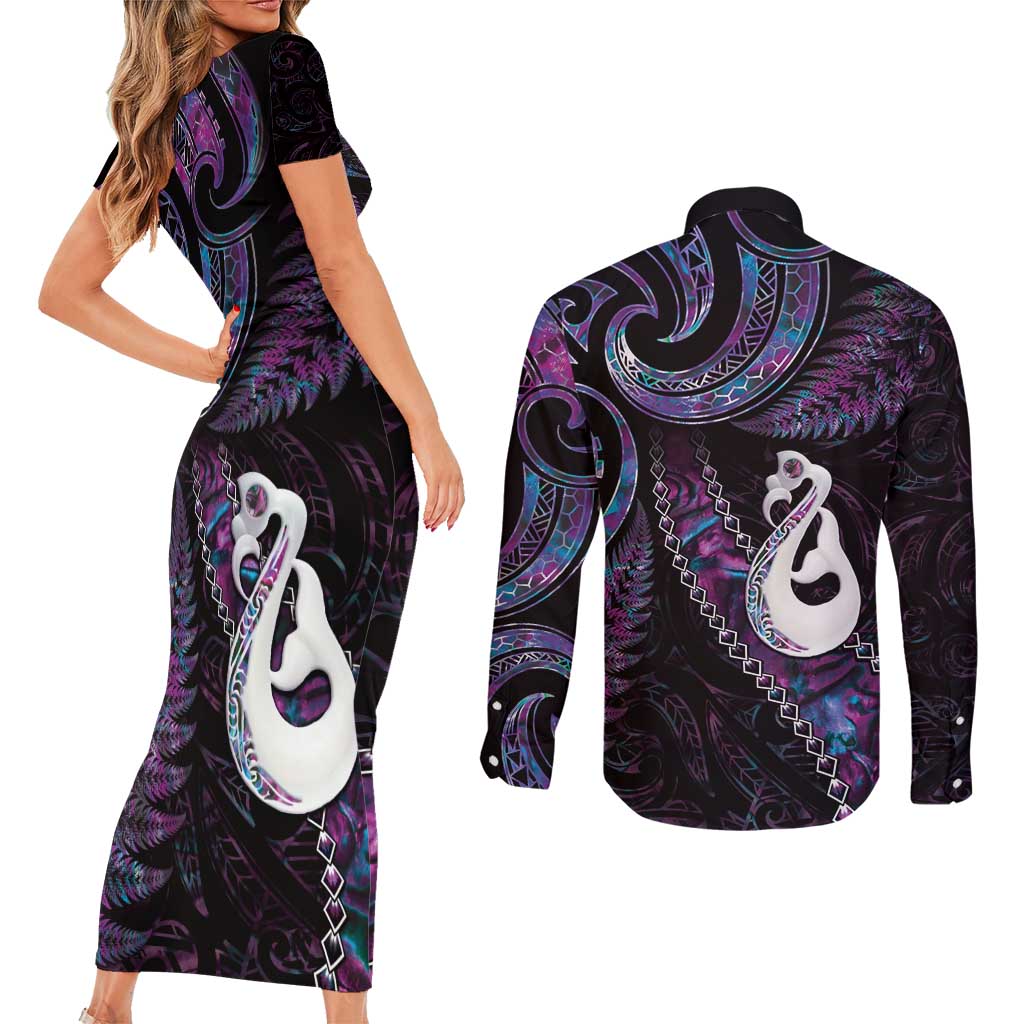 New Zealand Aotearoa Couples Matching Short Sleeve Bodycon Dress and Long Sleeve Button Shirt Maori Manaia Paua Shell Glitter Purple LT05 - Polynesian Pride