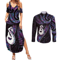 New Zealand Aotearoa Couples Matching Summer Maxi Dress and Long Sleeve Button Shirt Maori Manaia Paua Shell Glitter Purple LT05 Purple - Polynesian Pride