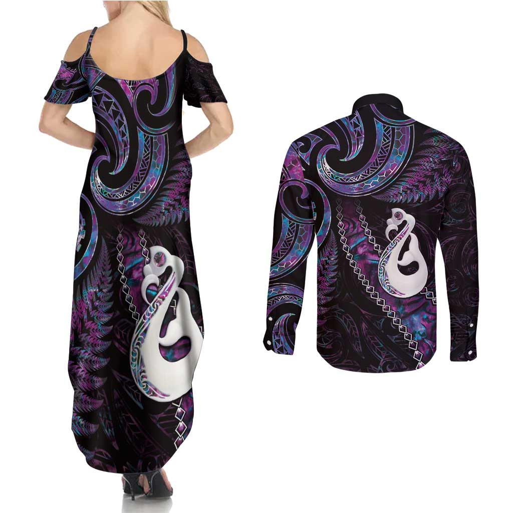 New Zealand Aotearoa Couples Matching Summer Maxi Dress and Long Sleeve Button Shirt Maori Manaia Paua Shell Glitter Purple LT05 - Polynesian Pride