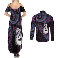 New Zealand Aotearoa Couples Matching Summer Maxi Dress and Long Sleeve Button Shirt Maori Manaia Paua Shell Glitter Purple LT05 - Polynesian Pride
