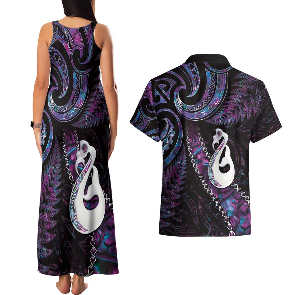 New Zealand Aotearoa Couples Matching Tank Maxi Dress and Hawaiian Shirt Maori Manaia Paua Shell Glitter Purple LT05 - Polynesian Pride