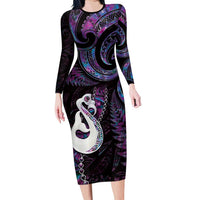 New Zealand Aotearoa Family Matching Long Sleeve Bodycon Dress and Hawaiian Shirt Maori Manaia Paua Shell Glitter Purple LT05 Mom's Dress Purple - Polynesian Pride