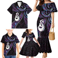 New Zealand Aotearoa Family Matching Mermaid Dress and Hawaiian Shirt Maori Manaia Paua Shell Glitter Purple LT05 - Polynesian Pride