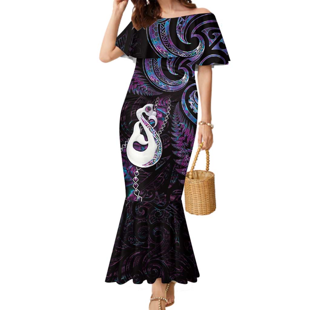 New Zealand Aotearoa Family Matching Mermaid Dress and Hawaiian Shirt Maori Manaia Paua Shell Glitter Purple LT05 Mom's Dress Purple - Polynesian Pride