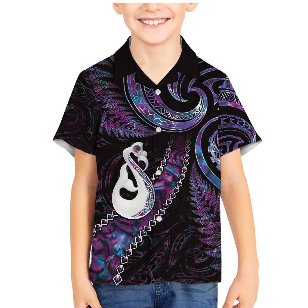 New Zealand Aotearoa Family Matching Mermaid Dress and Hawaiian Shirt Maori Manaia Paua Shell Glitter Purple LT05 Son's Shirt Purple - Polynesian Pride