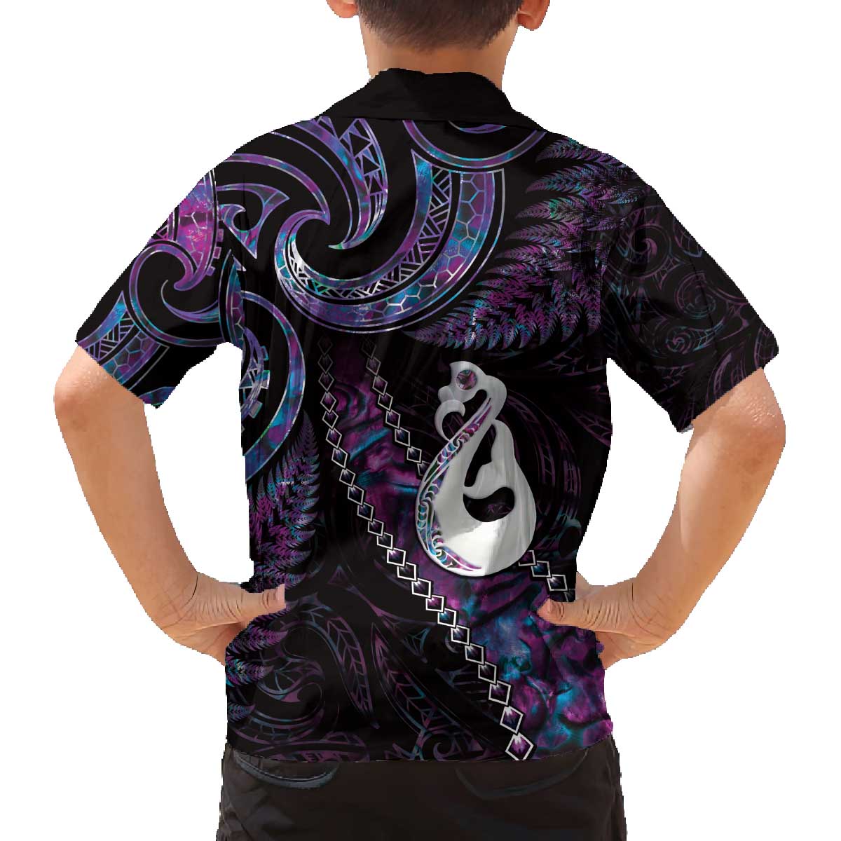 New Zealand Aotearoa Family Matching Off The Shoulder Long Sleeve Dress and Hawaiian Shirt Maori Manaia Paua Shell Glitter Purple LT05 - Polynesian Pride