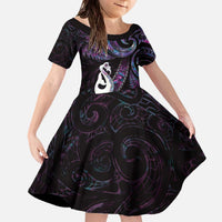 New Zealand Aotearoa Family Matching Off The Shoulder Long Sleeve Dress and Hawaiian Shirt Maori Manaia Paua Shell Glitter Purple LT05 Daughter's Dress Purple - Polynesian Pride