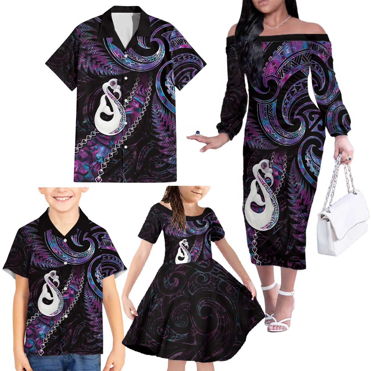 New Zealand Aotearoa Family Matching Off The Shoulder Long Sleeve Dress and Hawaiian Shirt Maori Manaia Paua Shell Glitter Purple LT05 - Polynesian Pride