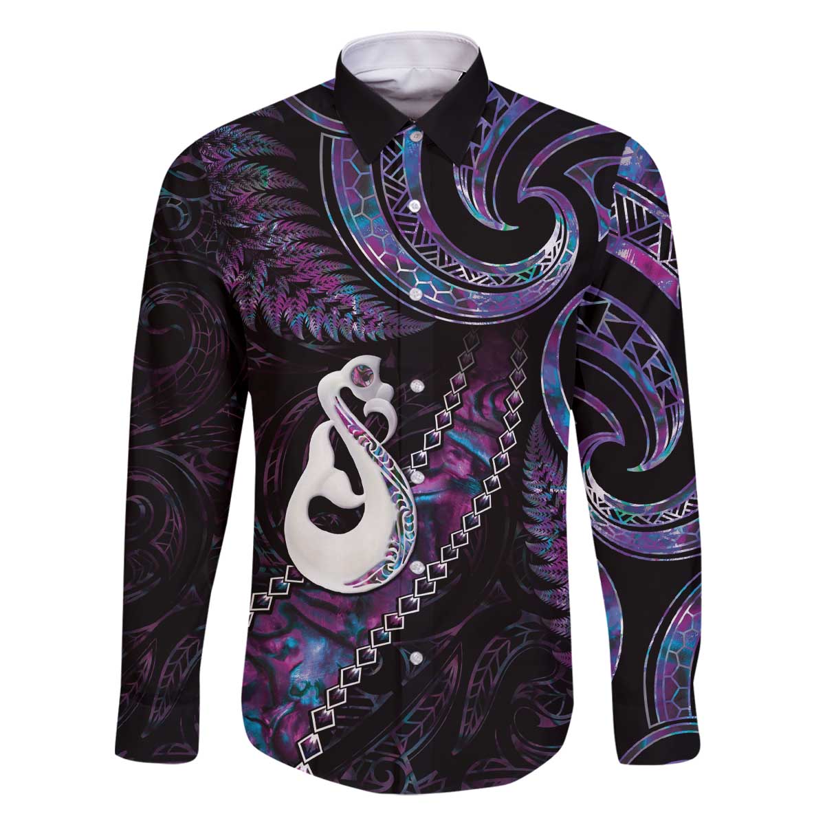 New Zealand Aotearoa Family Matching Off The Shoulder Long Sleeve Dress and Hawaiian Shirt Maori Manaia Paua Shell Glitter Purple LT05 Dad's Shirt - Long Sleeve Purple - Polynesian Pride