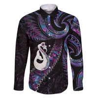 New Zealand Aotearoa Family Matching Off The Shoulder Long Sleeve Dress and Hawaiian Shirt Maori Manaia Paua Shell Glitter Purple LT05 Dad's Shirt - Long Sleeve Purple - Polynesian Pride
