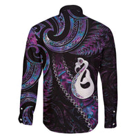 New Zealand Aotearoa Family Matching Off The Shoulder Long Sleeve Dress and Hawaiian Shirt Maori Manaia Paua Shell Glitter Purple LT05 - Polynesian Pride