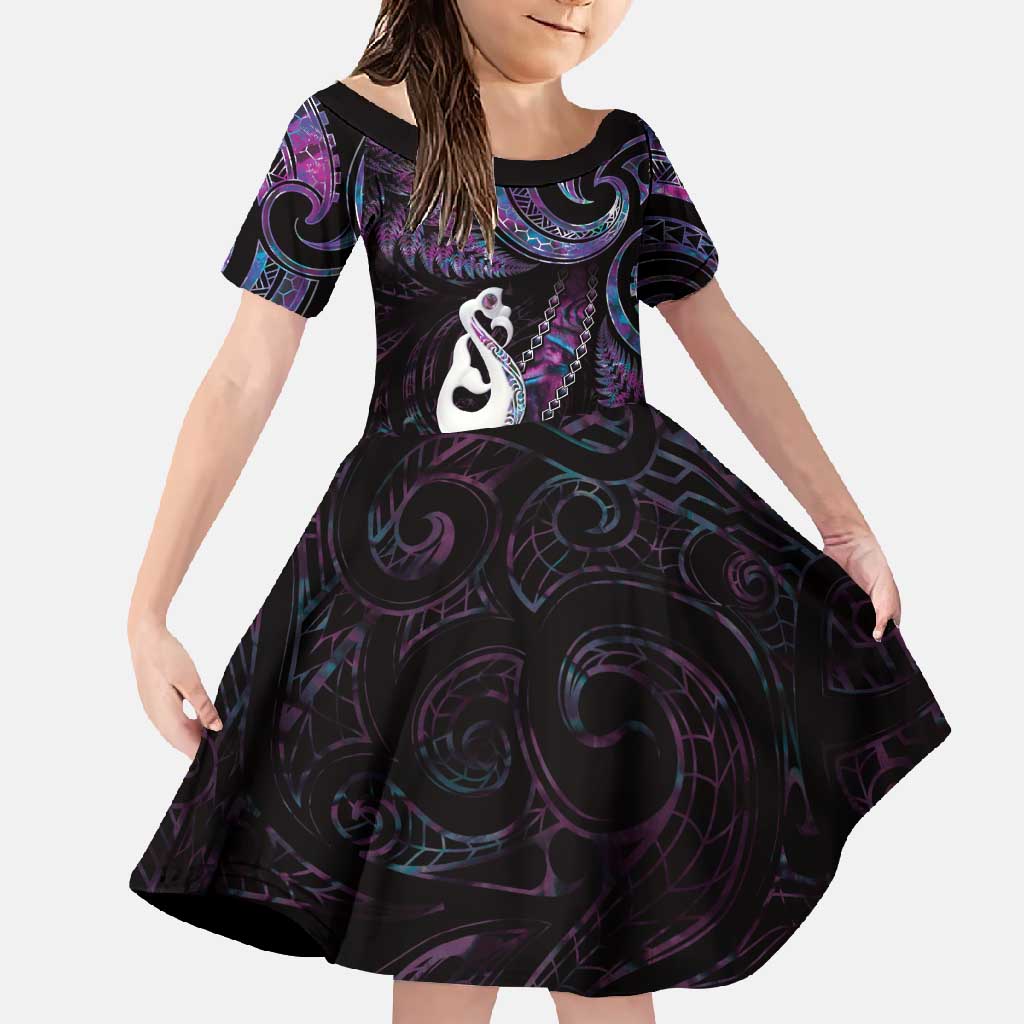 New Zealand Aotearoa Family Matching Off Shoulder Maxi Dress and Hawaiian Shirt Maori Manaia Paua Shell Glitter Purple LT05 Daughter's Dress Purple - Polynesian Pride