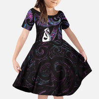New Zealand Aotearoa Family Matching Off Shoulder Maxi Dress and Hawaiian Shirt Maori Manaia Paua Shell Glitter Purple LT05 Daughter's Dress Purple - Polynesian Pride