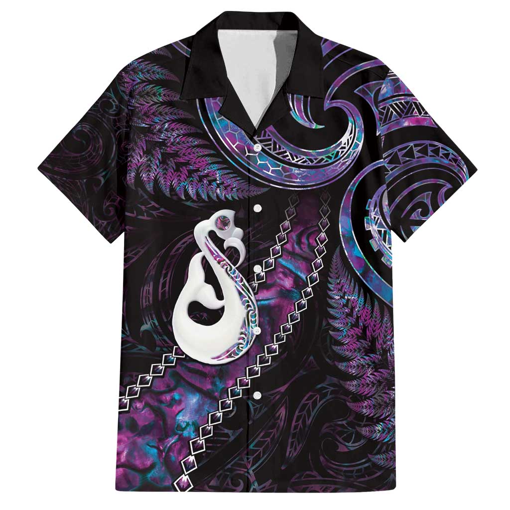New Zealand Aotearoa Family Matching Off Shoulder Maxi Dress and Hawaiian Shirt Maori Manaia Paua Shell Glitter Purple LT05 Dad's Shirt - Short Sleeve Purple - Polynesian Pride
