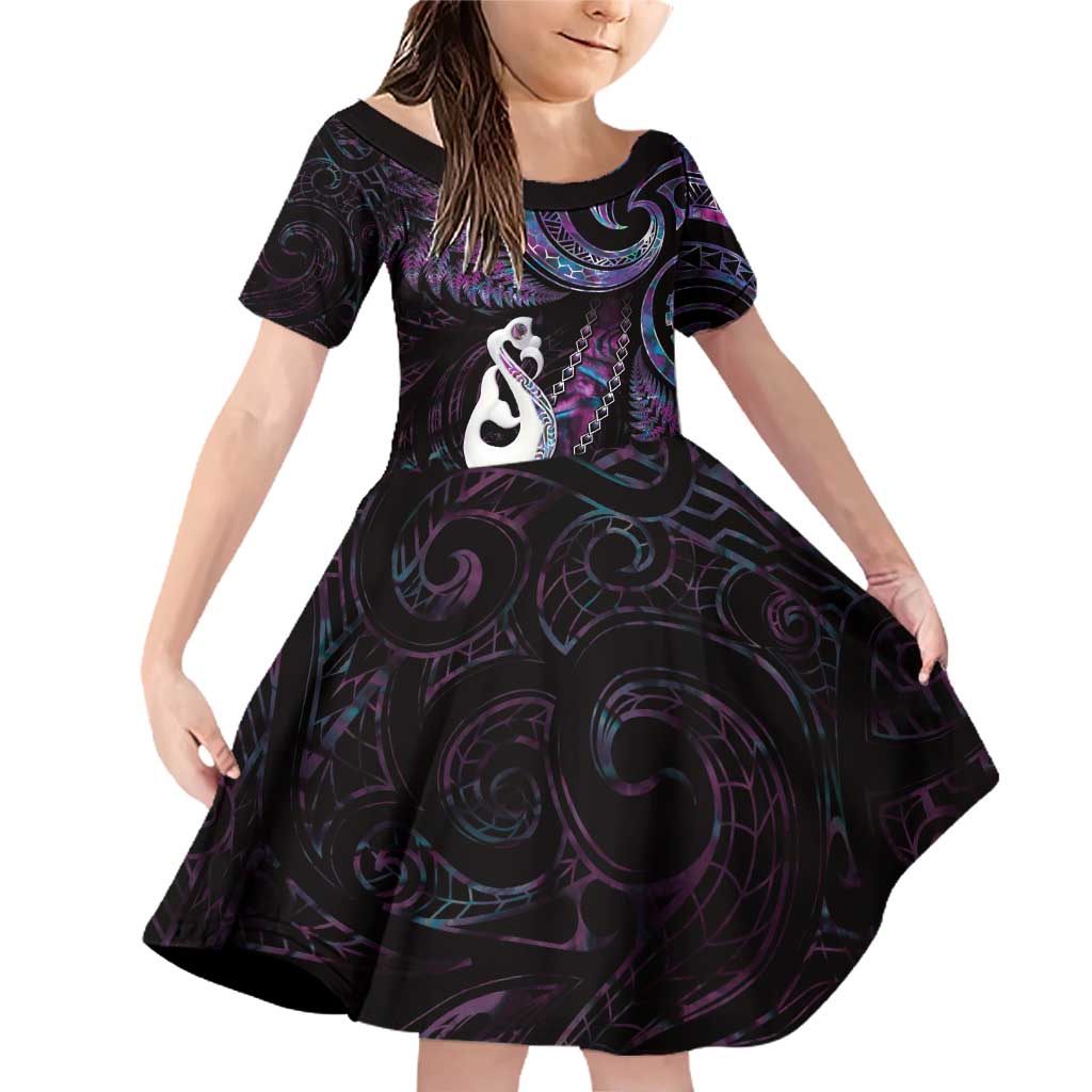 New Zealand Aotearoa Family Matching Off Shoulder Short Dress and Hawaiian Shirt Maori Manaia Paua Shell Glitter Purple LT05 Daughter's Dress Purple - Polynesian Pride